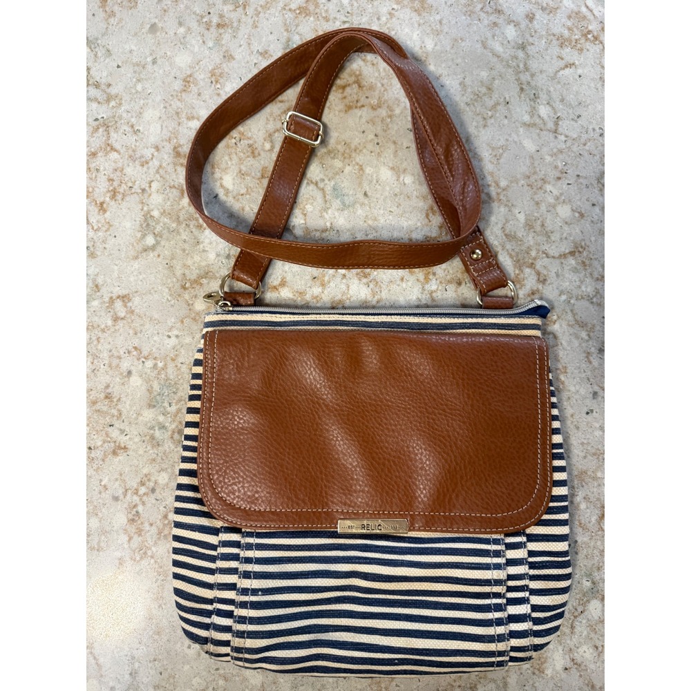 Relic Striped Canvas Crossbody Bag Navy Blue Cream Cognac Brown Faux Leather Trm